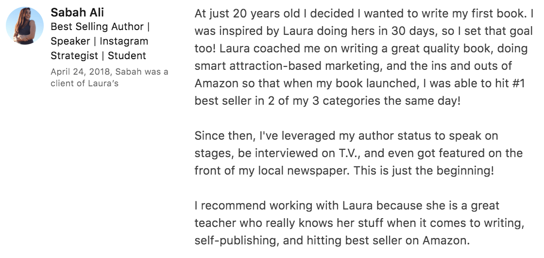 bestselling author testimonial from sabah on linkedin for website