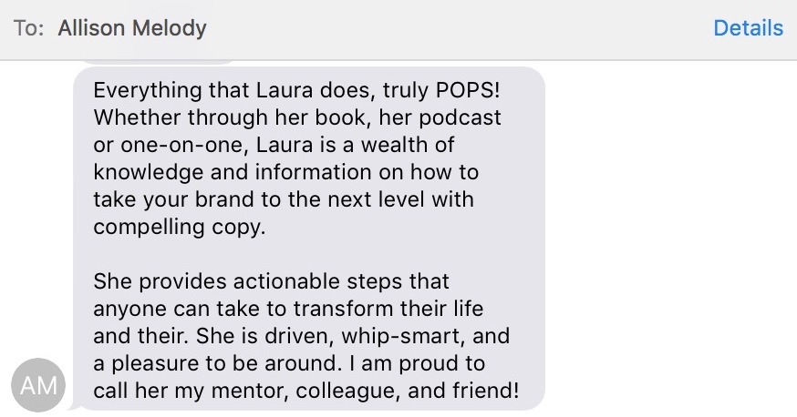 testimonial from allison melody about laura petersen 2 copy